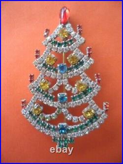 Vintage Czech Glass Crystal Christmas Tree Xmas With Gold Baubles Brooch Pin