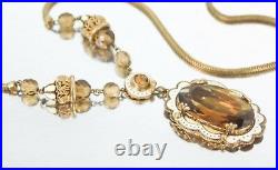 Vintage Czech Neiger Brass Topaz Glass Enamel Filigree Pendant Necklace
