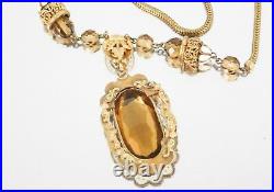 Vintage Czech Neiger Brass Topaz Glass Enamel Filigree Pendant Necklace