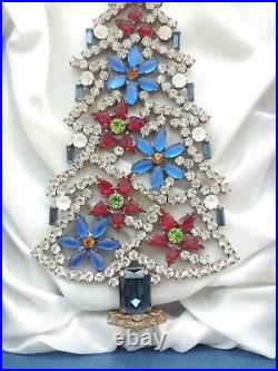 Vintage Czech rhinestone Christmas tree flowers blue red