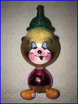 Vintage De Carlini Hand Blown Glass Cat & Mouse Ornament Set Italy Christmas