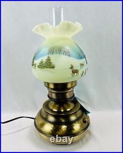 Vintage Fenton Glass Winter Custard Colonial Lamp Light Uranium Christmas Deer