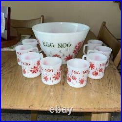 Vintage Fire King Christmas Egg Nog Snowflakes Punch Mixing Bowl 8 Mugs Cups