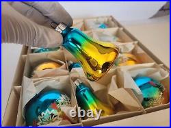 Vintage German 1970s Lot x 12 Mercury Glass Gold Blue Christmas Ornaments GDR