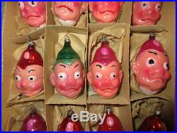 Vintage German Blown Glass Keystone Cop Comic Head Christmas Ornaments-Box of 12