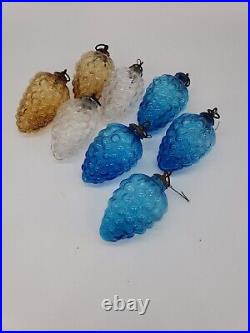 Vintage German Kugel Glass Grapes Christmas Ornaments Set of 8 Blue Amber Clear