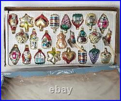 Vintage Glass Ornaments Set Of 24 Figural Birds Santa Snowman With Box Columbia