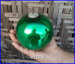 Vintage Green Glass 4.2 German Kugel Christmas Ornament 5 Leaves Brass Cap 278