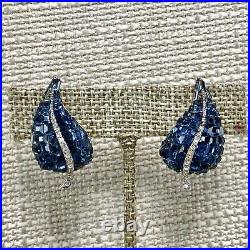 Vintage HE trifari Sterling Silver Blue Glass invisible set Pin Brooch Earrings