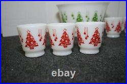 Vintage Hazel Atlas 7 pc Christmas Trees Egg Nog Punch Bowl Set Milk Glass MCM