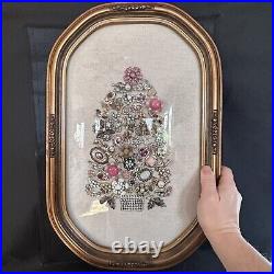 Vintage Jewelry Art Tree Antique Domed Glass Frame 17 Rhinestone Christmas Pink