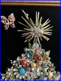 Vintage Jewelry Lot Christmas Tree Framed Art Mixed Glitter Gift Rhinestone Gold
