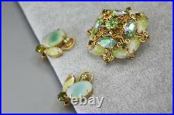Vintage Juliana Yellow Green Givre Art Glass Brooch Earring Set