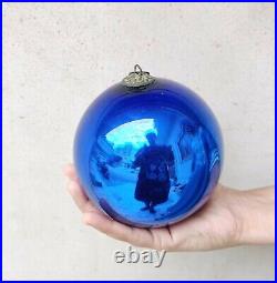 Vintage Kugel Cobalt Blue Christmas Ornament Glass 5 5 Leaves Brass Cap Germany