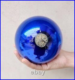 Vintage Kugel Cobalt Blue Christmas Ornament Glass 5 5 Leaves Brass Cap Germany
