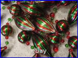 Vintage Lot of 5 Strands Green and Red Striped Glass Christmas Garland 6'L