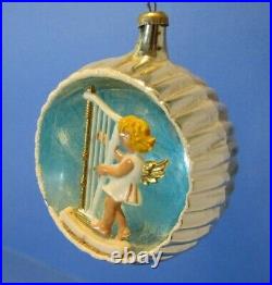 Vintage Mercury Glass 3D Diorama Indent Angel Harp Scene Christmas Ornament