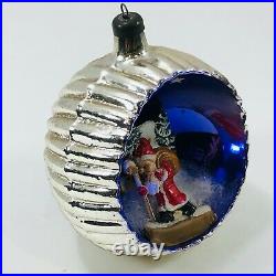 Vintage Mercury Glass Diorama Christmas Ornament Santa with Bag Walking Italy