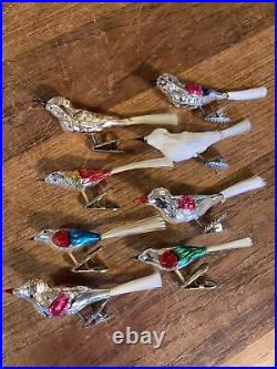 Vintage Mercury Glass Lot Of 8 Clip On Bird Christmas Ornaments Spun Tail Bumpy