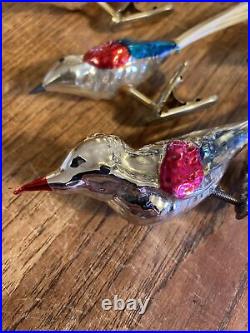 Vintage Mercury Glass Lot Of 8 Clip On Bird Christmas Ornaments Spun Tail Bumpy