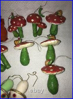 Vintage Mushroom Toadstool Ornament Lot Glass Paper Mache Velvet Tie On Clip On