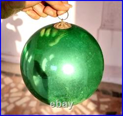 Vintage Old Antique Rare Big Round Green Glass Kugel Christmas Ornament Germany