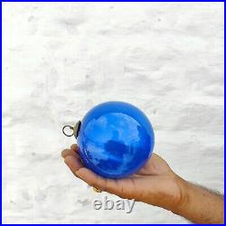 Vintage Old Kugel Heavy 4.25 Blue Glass Round Christmas Ornament Germany 562