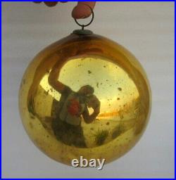 Vintage Old Rare Golden 7 Glass Original Round Christmas Kugel/Ornament Germany