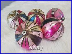 Vintage Pink Jumbo Mercury Glass Christmas Ornaments POLAND Atomic 50s MCM Mica