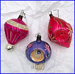 Vintage Poland Blown Mercury Glass Indent Reflector Christmas Ornaments-Lot of 3