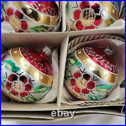 Vintage Poland Mercury Glass Hand Painted 4 Ball Ornaments Set of 6 Rare
