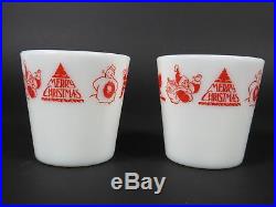 Vintage Pyrex 1410 Red Merry Christmas Santa Mugs Pair White Milk Glass