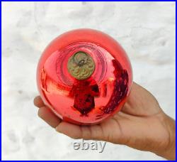 Vintage Red Glass German Kugel 4.4 Christmas Ornament 5 Leaves Brass Cap 360