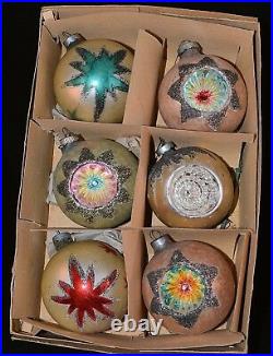 Vintage SET/6 LARGE 3.25 INDENTS MICA GLITTER GLASS Christmas Ornaments Balls