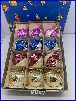 Vintage Set 12 Christmas Glass Ornaments Made in Poland 60's 001/730/60 RARE NEW