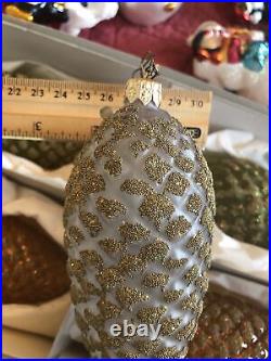 Vintage Set of 6 Snow Glitter PINECONE Glass Christmas Ornament 6 Tall Dept 56