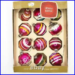 Vintage Shiny Brite 12 PINK Striped Glass Christmas Ornaments Bell UFO Box