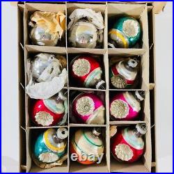 Vintage Shiny Brite Stripes Indented Lantern Glass Ball Christmas Ornaments 12Pc