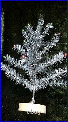 Vintage Silver Tinsel Table Top Feather Christmas Tree 13.5 Glass Ornaments