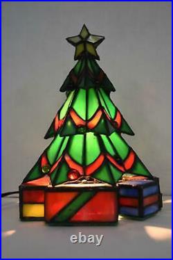 Vintage Stained Leaded Glass Christmas Tree With Presents Light Lamp Tiffany Style