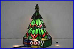 Vintage Stained Leaded Glass Christmas Tree With Presents Light Lamp Tiffany Style