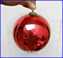 Vintage Very Rare Red Glass Round Original Old German Christmas Kugel / Ornament