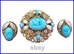 Vintage West Germany Blue Art Glass Ornate Brass Filigree Brooch Earring Set