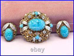 Vintage West Germany Blue Art Glass Ornate Brass Filigree Brooch Earring Set