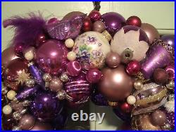 Vintage handmade christmas ornament wreath purple 19.5 glass holiday decor bird