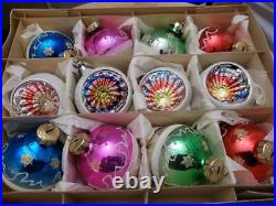 Vintage x 12 Large Glass Christmas Ornaments, Stripes, Indents, Mica Germany 1960s