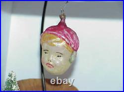Vintg Christmas Ornament Czechoslovakia Blown Glass Child Face Head Nightcap 20s