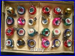 Vntg Teeny 5/8 Feather Tree Mercury Glass Indent Xmas Ornaments 24&Box REDUCED