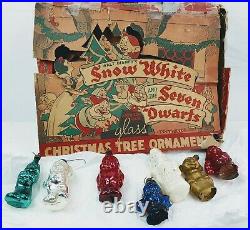 Vtg 1938 7 pcs Double Glo Disney Snow White Dwarf Glass Christmas Ornaments BOX