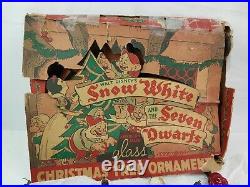 Vtg 1938 7 pcs Double Glo Disney Snow White Dwarf Glass Christmas Ornaments BOX
